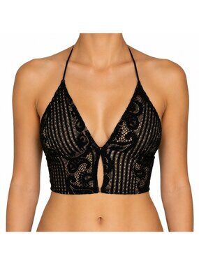 CIDER Crop Top Medium Black Nude Floral Lace Halter Neck Camisole Gothic Y2K